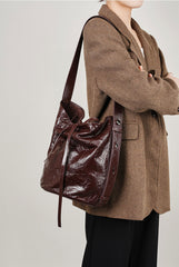 Wrinkled Leather Shoulder Crossbody Bucket Bag