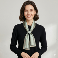 Sage Green Geometric Border Silk Skinny Scarf