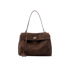 "Luxurious brown suede leather tote bag with crocodile-embossed texture and minimalist silver hardware, shown from the front."