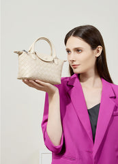 Woven Satchel Crossbody Bag from Real Leather with Detachable Strap