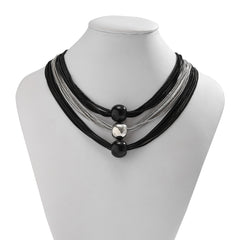Gorgeous Unique Multilayer Black and Silver Mixed Chain Punk Style Choker Necklace Featuring a Triple Spherical Accents