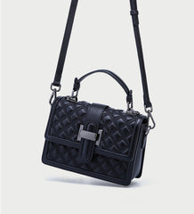 Leather Flap Diamond Stitched Satchel Crossbody Bag with Detachable Strap