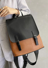 Large Capacity Colorblock Backpack from High Quality Cowhide Leather