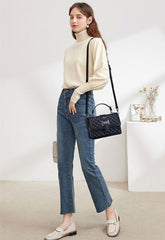 Leather Flap Diamond Stitched Satchel Crossbody Bag with Detachable Strap