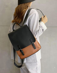 Large Capacity Colorblock Backpack from High Quality Cowhide Leather