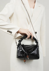 Leather Top Handle Zip Chained Crossbody Body Bag
