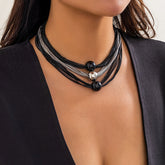 Gorgeous Unique Multilayer Black and Silver Mixed Chain Punk Style Choker Necklace Featuring a Triple Spherical Accents