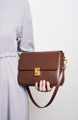 Leather Flap Crossbody Shoulder Bag with Golden Accent