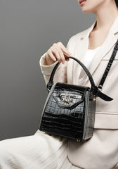 Croc Patent Leather Zip Satchel Crossbody Bag