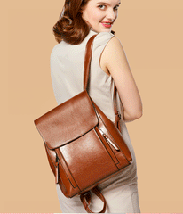 Retro Style Large Capacity Flap Zipper Backpack from Real Leather