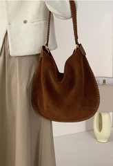 Alluring Sophisticated Designer Inspired Large Hobo Crossbody Bag Velvet-Soft Suede is Traced with Whipstitched Leather Trim