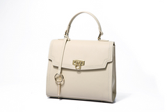 Classic Leather Key Lock Closure Satchel Crossbody Bag with Detachable Strap