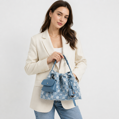 Bohemian-Chic Denim Plaid Hobo Bag