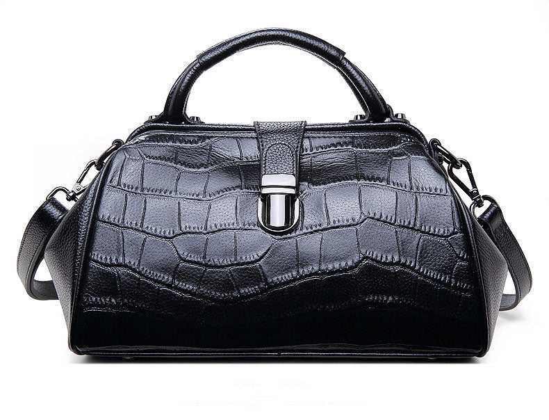 Croc Textured Leather Satchel Bag