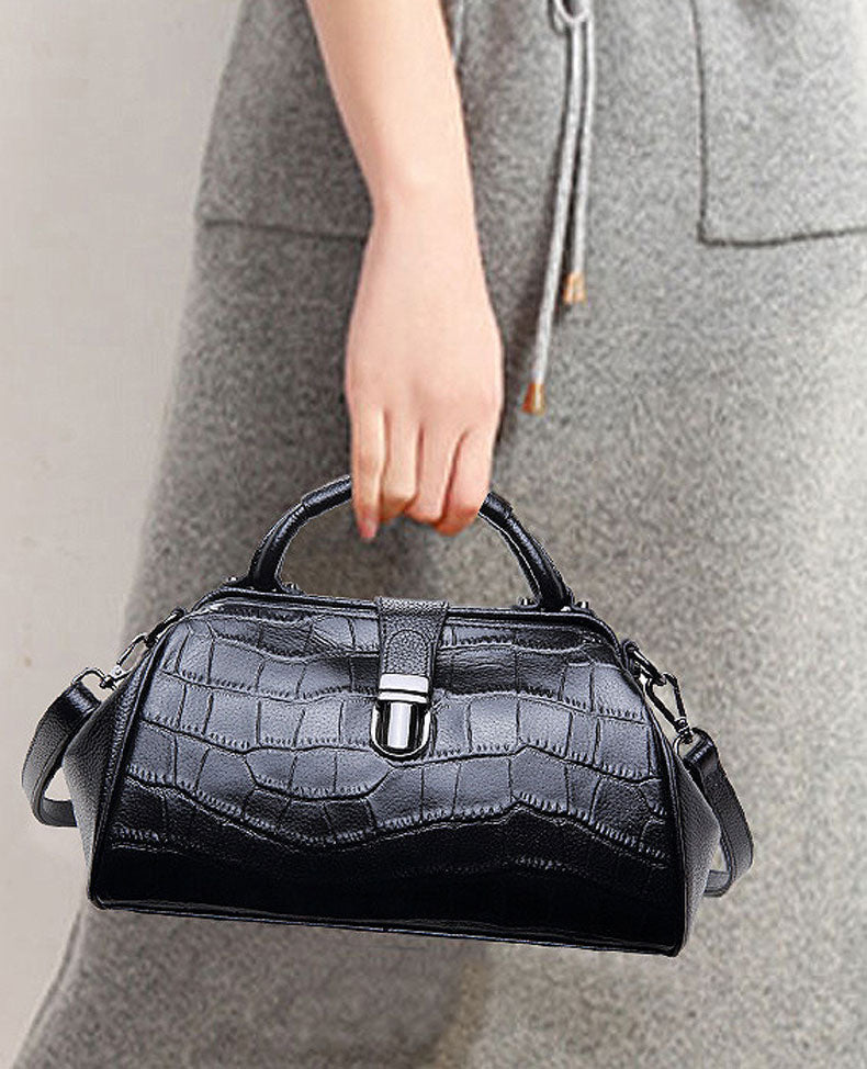 Croc Textured Leather Satchel Bag