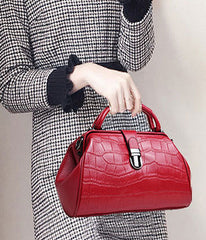 Croc Textured Leather Satchel Bag