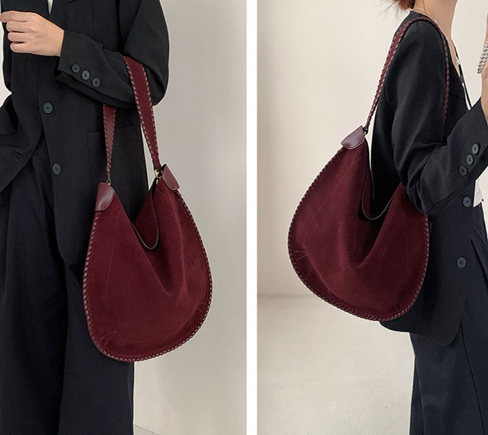 Alluring Sophisticated Designer Inspired Large Hobo Crossbody Bag Velvet-Soft Suede is Traced with Whipstitched Leather Trim