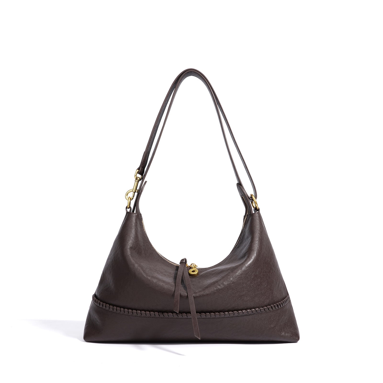 A leather shoulder bag with a woven leather trim detail, gold-tone hardware, and a zipper closure, shown against a plain white background.