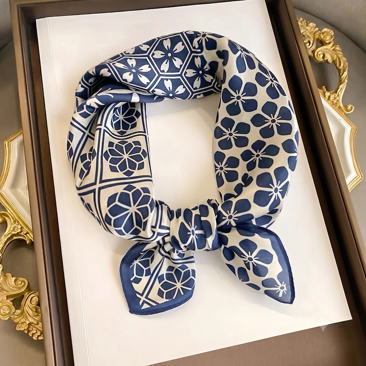 The Indigo Tile & Floral Silk Scarf