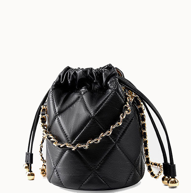 Adorable Luxury Looking Designer Inspired Diamond Stitched Crossbody Bucket Bag from Real Leather for Fashionable Girls.