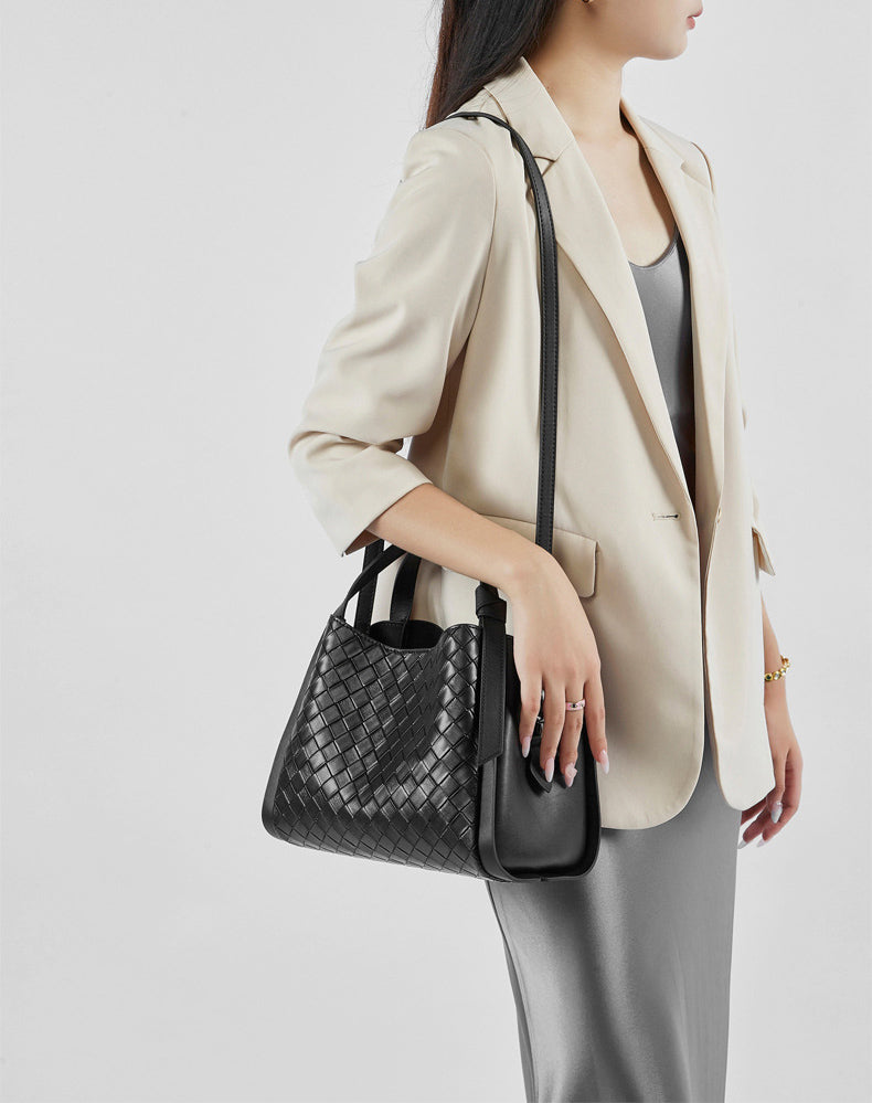 Woven Leather Crossbody Shoulder Bag with Detachable Strap