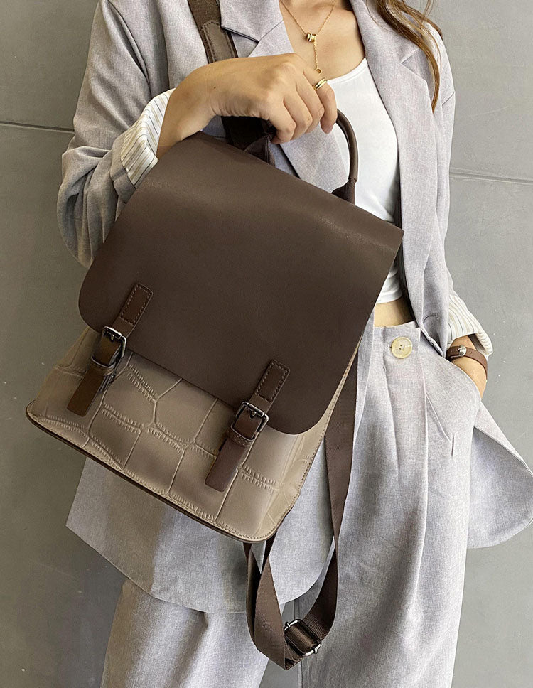 Large Capacity Colorblock Backpack from High Quality Cowhide Leather