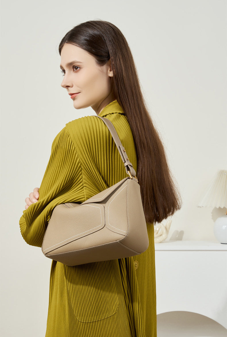 High-End Designer Inspired Geometric Shoulder Crossbody Bag from Top Layer Cowhide Leather