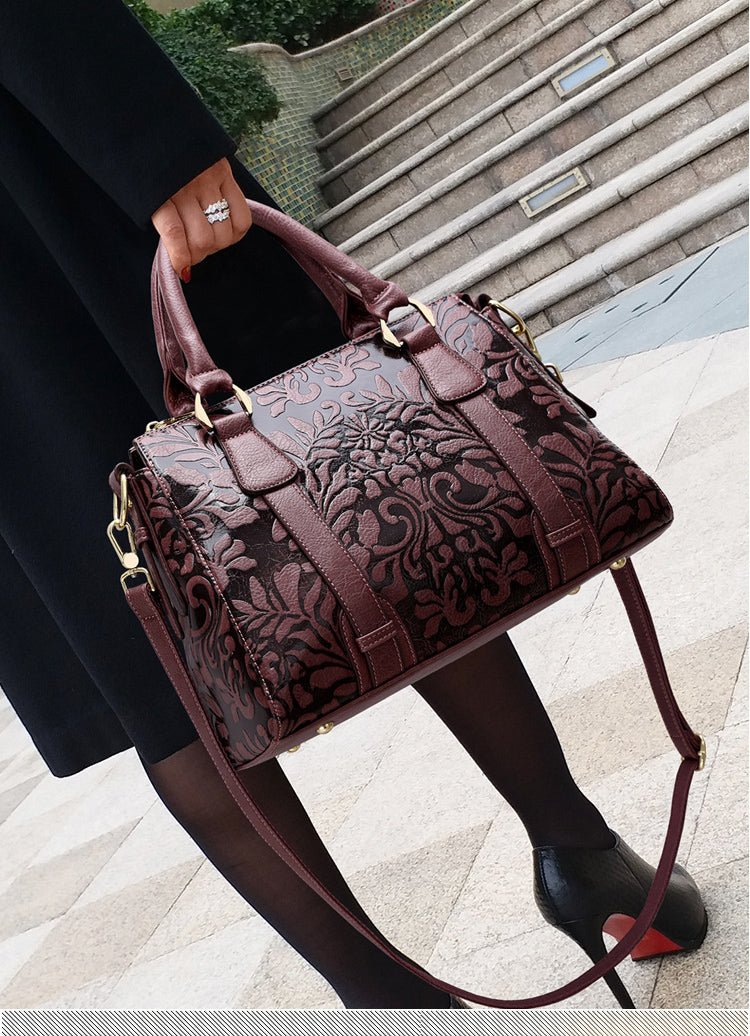 Charming Vintage Style Embossed Flower Large Capacity Satchel Bag from High Quality Leather