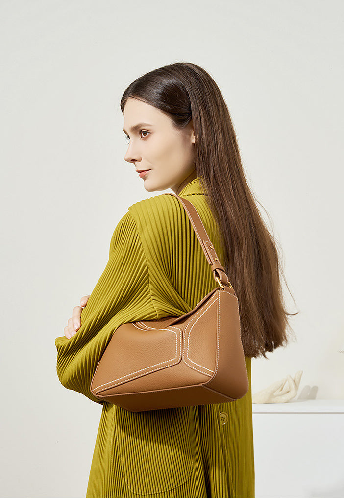 High-End Designer Inspired Geometric Shoulder Crossbody Bag from Top Layer Cowhide Leather