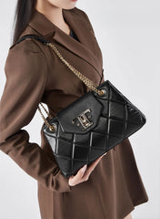 Diamond Stitched Leather Chained Strap Crossbody Shoulder Bag