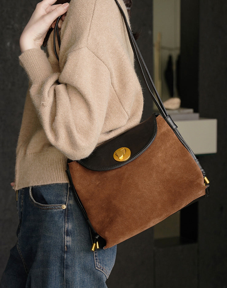 High-End Two Sided Genuine Leather-Suede Shoulder Crossbody Bag for Fashion Forward Females