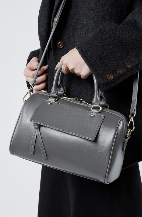 Leather Large Zipper Closure Satchel Crossbody Bag Detachable Strap