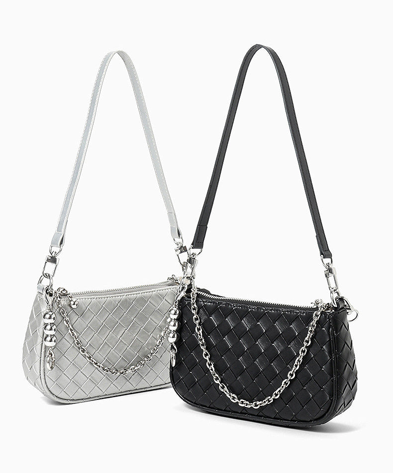 Small Woven Leather Chained Strap Crossbody Bag