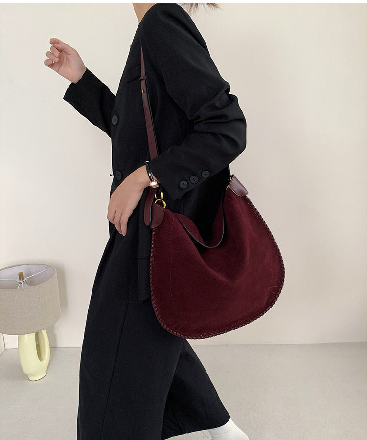 Alluring Sophisticated Designer Inspired Large Hobo Crossbody Bag Velvet-Soft Suede is Traced with Whipstitched Leather Trim