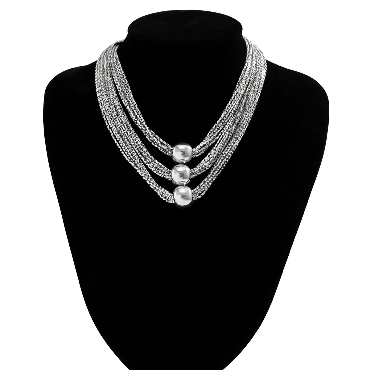 Gorgeous Unique Multilayer Chain Punk Style Choker Necklace Featuring a Three Spherical Accents