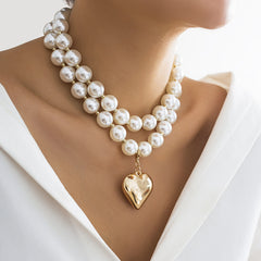 Vintage Heart Pendant Pearl Beads Chain Choker Necklace for Fashion Forward Girls