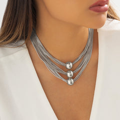 Gorgeous Unique Multilayer Chain Punk Style Choker Necklace Featuring a Three Spherical Accents