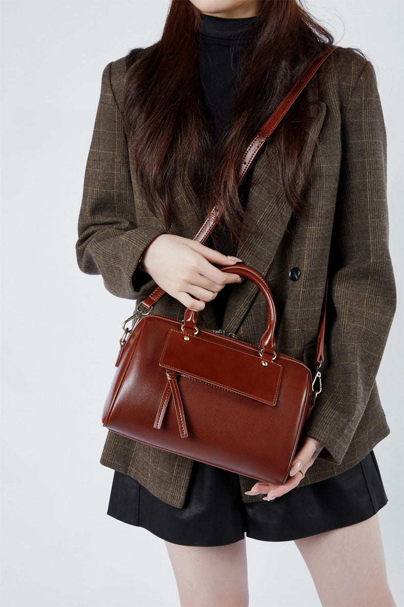 Leather Large Zipper Closure Satchel Crossbody Bag Detachable Strap