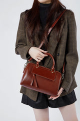 Leather Large Zipper Closure Satchel Crossbody Bag Detachable Strap