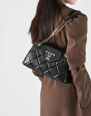 Diamond Stitched Leather Chained Strap Crossbody Shoulder Bag