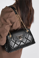 Diamond Stitched Leather Chained Strap Crossbody Shoulder Bag