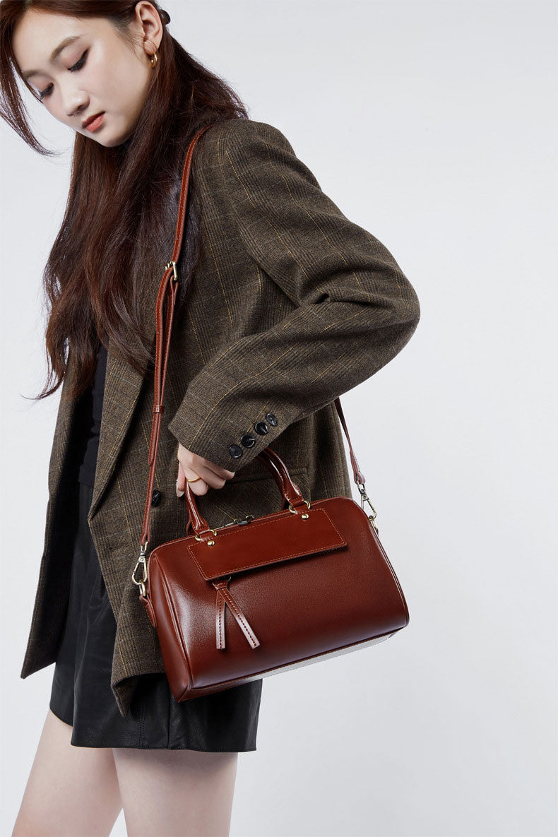 Leather Large Zipper Closure Satchel Crossbody Bag Detachable Strap