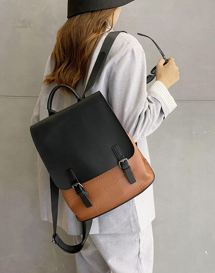 Large Capacity Colorblock Backpack from High Quality Cowhide Leather