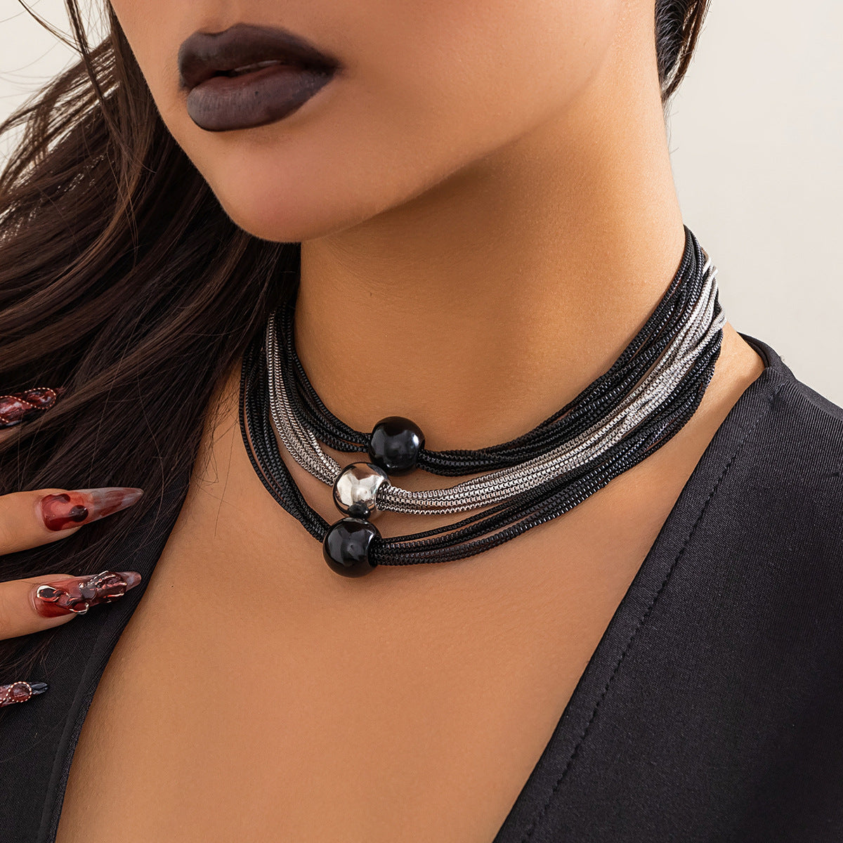 Gorgeous Unique Multilayer Black and Silver Mixed Chain Punk Style Choker Necklace Featuring a Triple  Spherical Accents