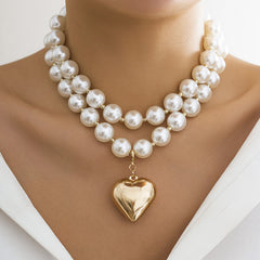 Vintage Heart Pendant Pearl Beads Chain Choker Necklace for Fashion Forward Girls