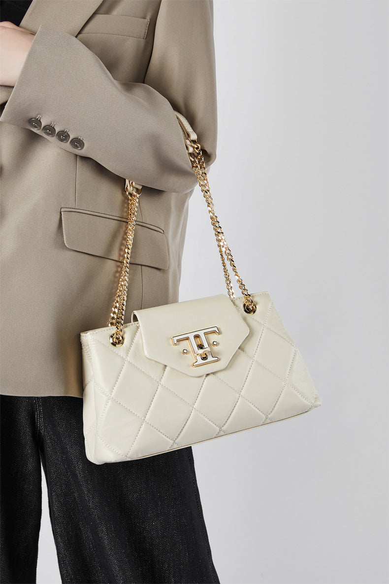 Diamond Stitched Leather Chained Strap Crossbody Shoulder Bag