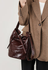 Wrinkled Leather Shoulder Crossbody Bucket Bag