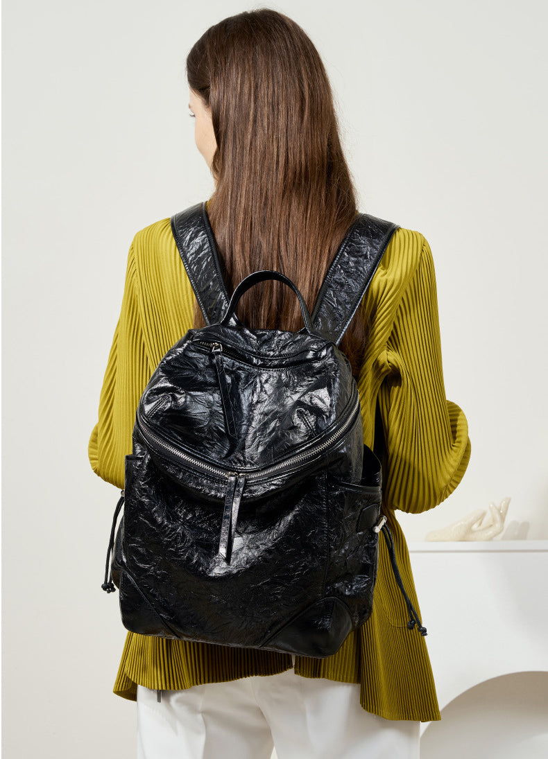 Fashionable Large Capacity Lazy Style Travel Backpack from Real Wrinkled Leather for Trendy Women