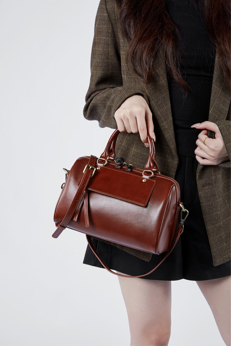 Leather Large Zipper Closure Satchel Crossbody Bag Detachable Strap