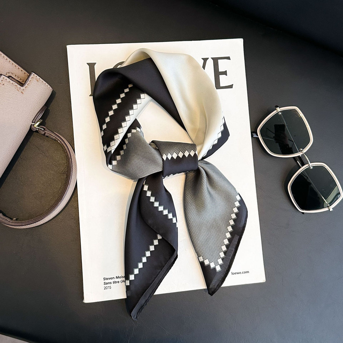 Sophisticated Monochrome Geometric Silk-Feel Scarf